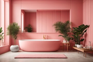 Modern minimalist bathroom interior, pink bathroom cabinet, pink sink, wooden vanity, interior plants, bathroom accessories, white bathtub, concrete wall, terrazzo flooring.