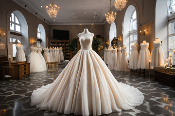 Generative AI - A beautiful wedding dress in a wedding salon - obrazy, fototapety, plakaty