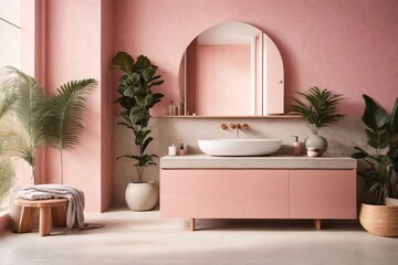 Modern minimalist bathroom interior, pink bathroom cabinet, pink sink, wooden vanity, interior plants, bathroom accessories, white bathtub, concrete wall, terrazzo flooring.