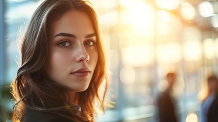 Face of a lovely woman against a business background