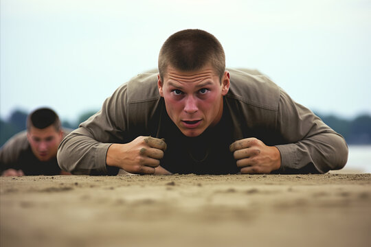 modern american soldiers at physical workout, outdoors training. physical strength and endurance