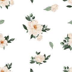 Watercolor seamless pattern with white flower and green leaves. Wedding stationary, greetings, wallpapers, fashion. - 702163471