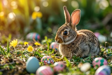 Fototapeta na wymiar Rabbit with Colourful Eggs on Easter Morning. Morning view of a rabbit with colourful Easter eggs in a meadow.