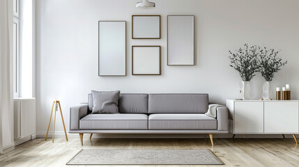 Grey settee near white cupboard in minimal living room interior with posters on wall. AI Generative