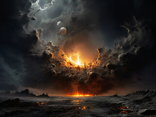 Fantasy landscape with fire and full moon. 3D illustration. 3d rendering. Created using generative AI tools