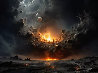 Poster Fantasy landscape with fire and full moon. 3D illustration. 3d rendering. Created using generative AI tools © Minar Aslanova