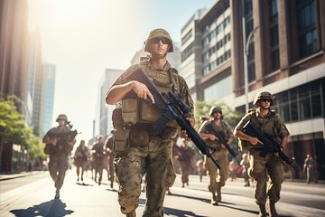 modern american soldiers marching in uniform with weapon outdoors on streets of city - obrazy, fototapety, plakaty