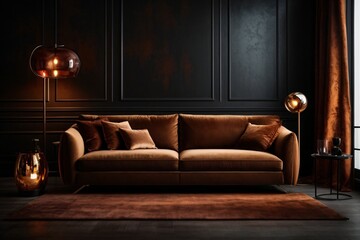 Modern dark living room interior with colorful couch, pillows, lamp on black grunge wall background.