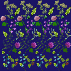 Fototapeta na wymiar Seamless summer pattern with field flowers and herbs on blue background