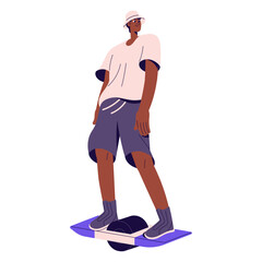 Happy guy in panama hat rides on hoverboard. Young man skates on self balancing board with one wheel. Urban eco transport, electric vehicle for walking. Flat isolated vector illustration on white