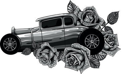 monochromatic illustration of hot rod car with roses - obrazy, fototapety, plakaty