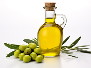 Bottle of fresh extra virgin olive oil and green olives with leaves isolated on white background