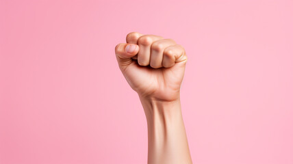 a woman fist against on pink background, girl power. - obrazy, fototapety, plakaty