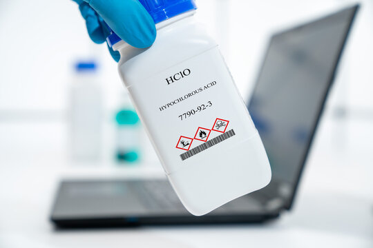 HClO hypochlorous acid CAS 7790-92-3 chemical substance in white plastic laboratory packaging