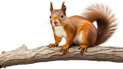 squirrel sitting on a tree branch isolated on white background.