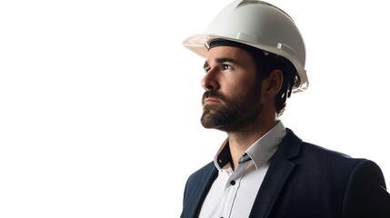 Handsome businessman engineer in hard hat in a building a white background