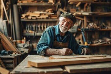 happy senior male carpenter working on a machine