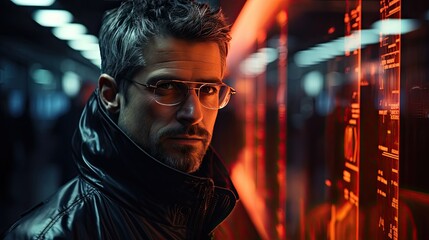 Man with glasses in server room, portrait of cybersecurity vigilance - obrazy, fototapety, plakaty