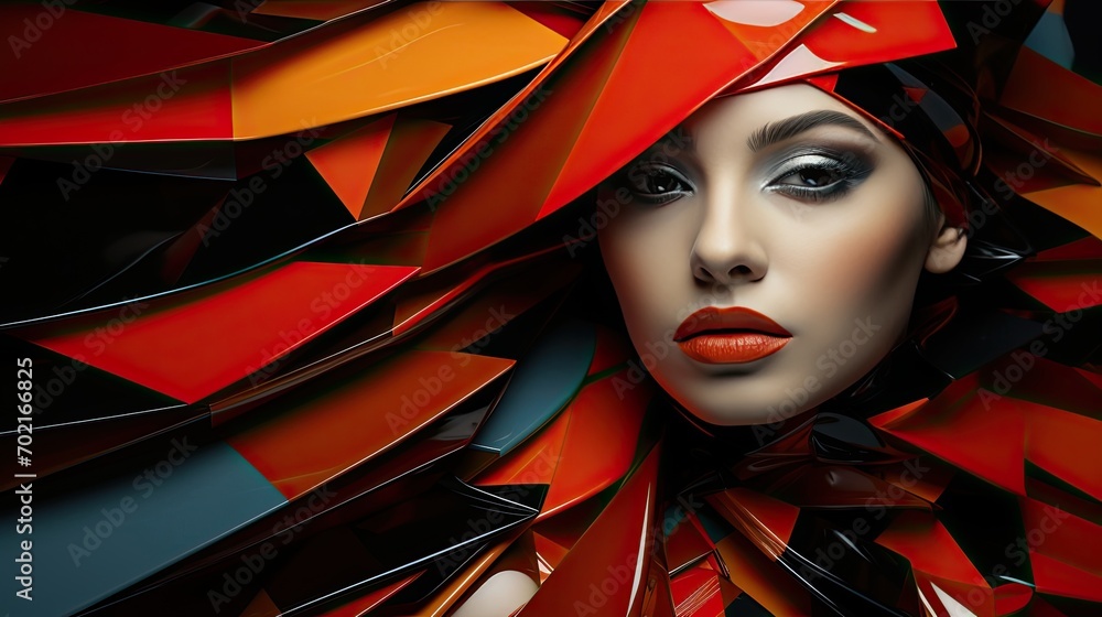 Poster avant-garde portrait of a model with geometric patterns, bold in red and black