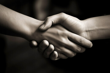 Strong friendly partnership business handshake of two male hands, dark background isolate.
