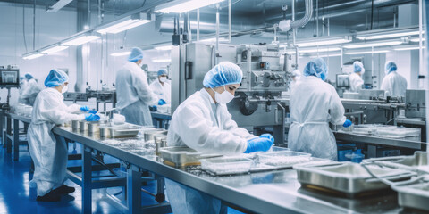 Collaborative Efforts in a Modern Food Factory Workers Ensuring Hygienic and Efficient Production - obrazy, fototapety, plakaty