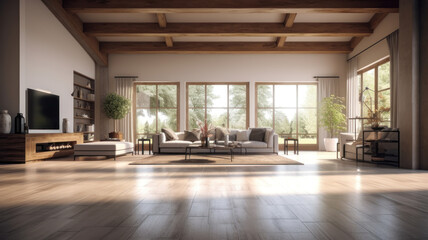 Fototapeta premium Elegant and spacious open concept interior rooms new construction with concrete floors designer decor wood beams on ceiling classic style