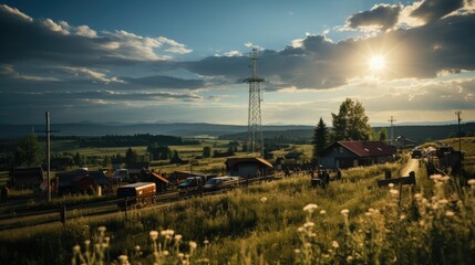 Naklejka premium Sunset over rural town with telecommunications towe