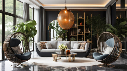 General view of luxury living room interior with armchairs, sofa and hanging basket chair