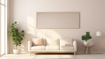 Fototapeta premium Interior of light living room with comfortable sofa, houseplants and mirror near light wall