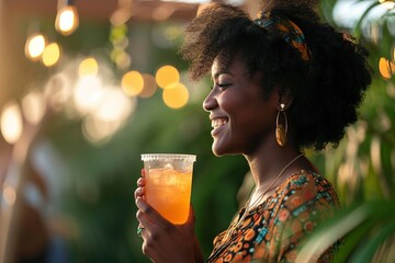 happy black woman holding a plastic glass of juice