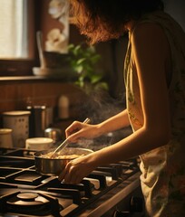 woman cooking toast in pan