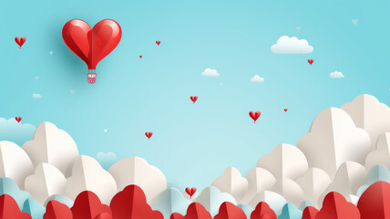Paper art of heart balloon flying and scattering little heart in the sky