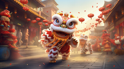 Lion dance street performance celebration of Chinese New Year festival background - obrazy, fototapety, plakaty