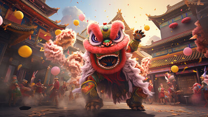 Lion dance street performance celebration of Chinese New Year festival background