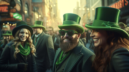 Happy people wear green clothes and green hats. celebrate Saint Patrick's Day - obrazy, fototapety, plakaty