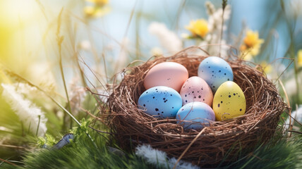 Fototapeta na wymiar Nest with easter eggs with paint pastel on eggs in grass on a sunny spring day - Easter decoration background.