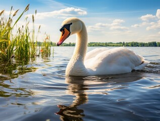 Obraz premium swan floats on the lake, beautiful sunny day