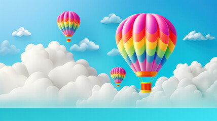 Obraz premium hot air balloon, cloud and rainbow blue sky background