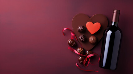 Bottle of red wine on colored background for Valentine Day with gift and chocolate - obrazy, fototapety, plakaty