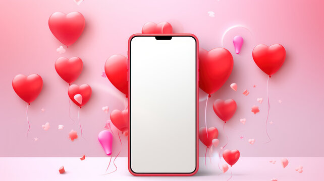 abstract Valentine's Day. with smartphone, hearts, balloons and confetti. Holiday mockup