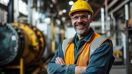 Portrait of a happy caucasian white male manufacturing worker or engineer, a senior professional engineer or foreman in the workplace - obrazy, fototapety, plakaty