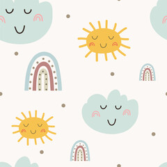 Childish seamless pattern with rainbows and cute elements