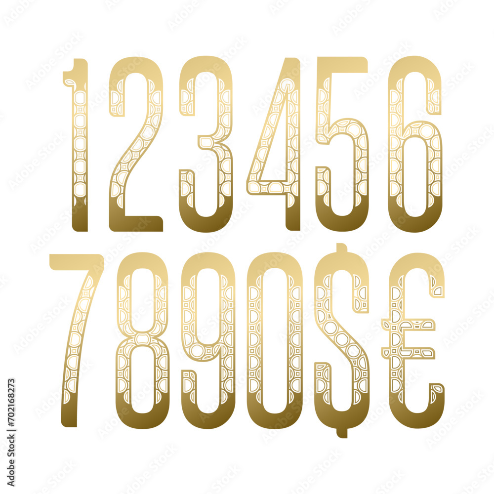 Poster golden gradient numbers and currency signs witn exotic pattern. typography style for price tag desig