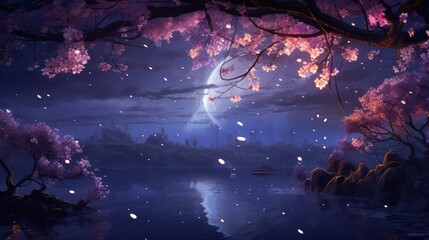 Sakura against the backdrop of the moon in neon lighting
