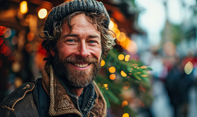 Portrait of a cheerful bearded man with a warm smile, radiating positivity and confidence, standing casually outdoors with a modern urban backdrop