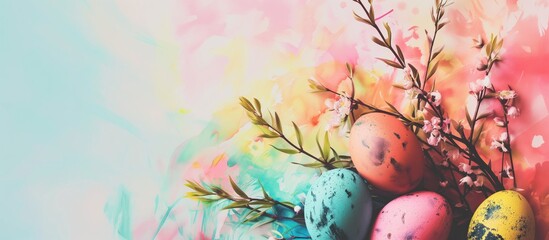 Spring easter background with beautiful decorated eggs. Copy space for text