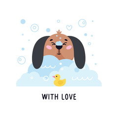 Dog pet grooming. Caring about dog. Pet washing service. Happy bathing pet. Flat vector illustration