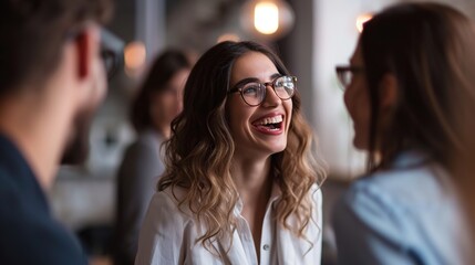 Happy young businesswoman coach mentor leader laughing at funny joke at group business meeting, joyful smiling millennial lady having fun with diverse corporate team people engaged in talking at work - obrazy, fototapety, plakaty