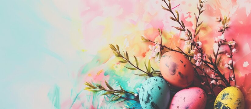 Spring easter background with beautiful decorated eggs. Copy space for text