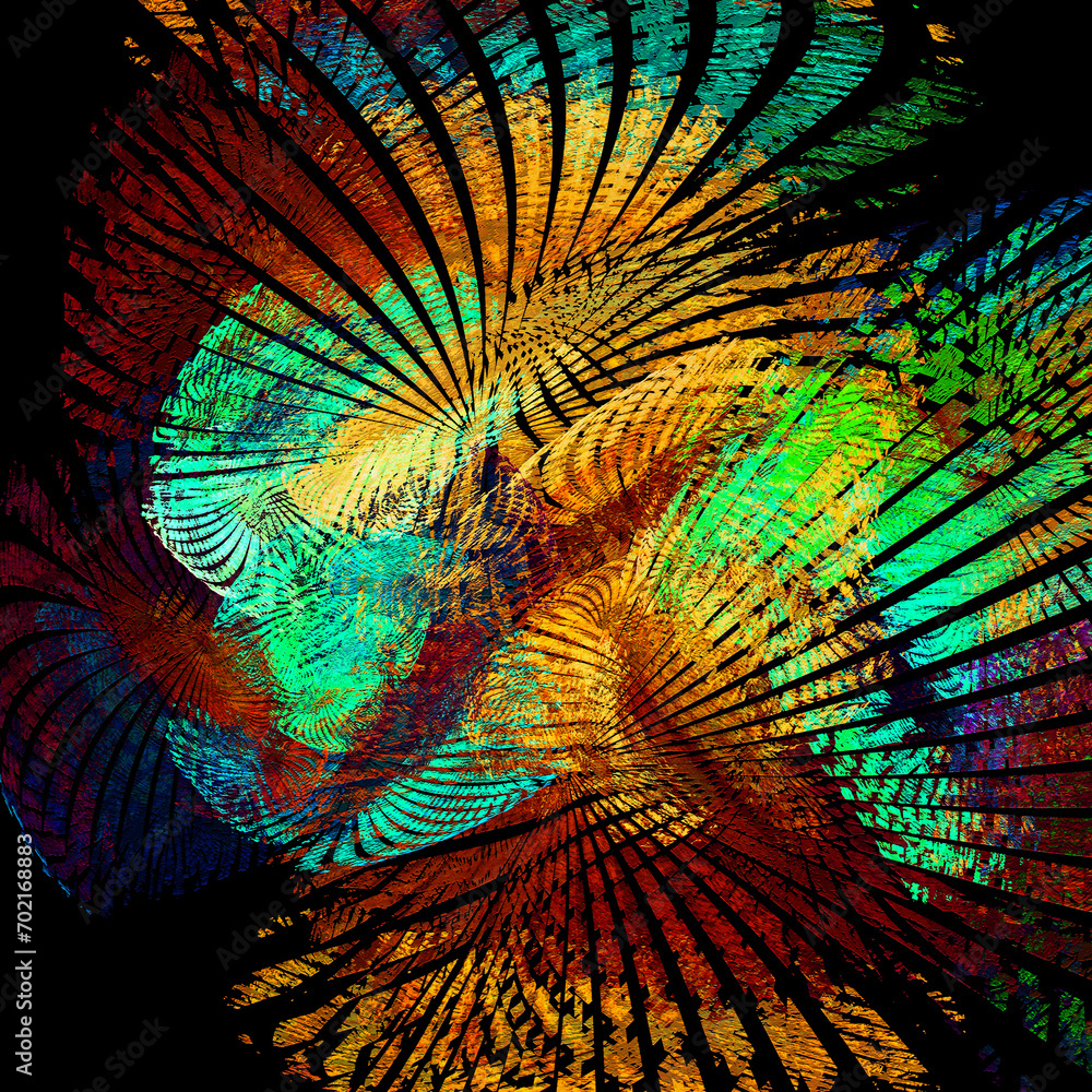 Poster colorful abstract wings with radiating feathers in the form of rays on a black background. abstract 